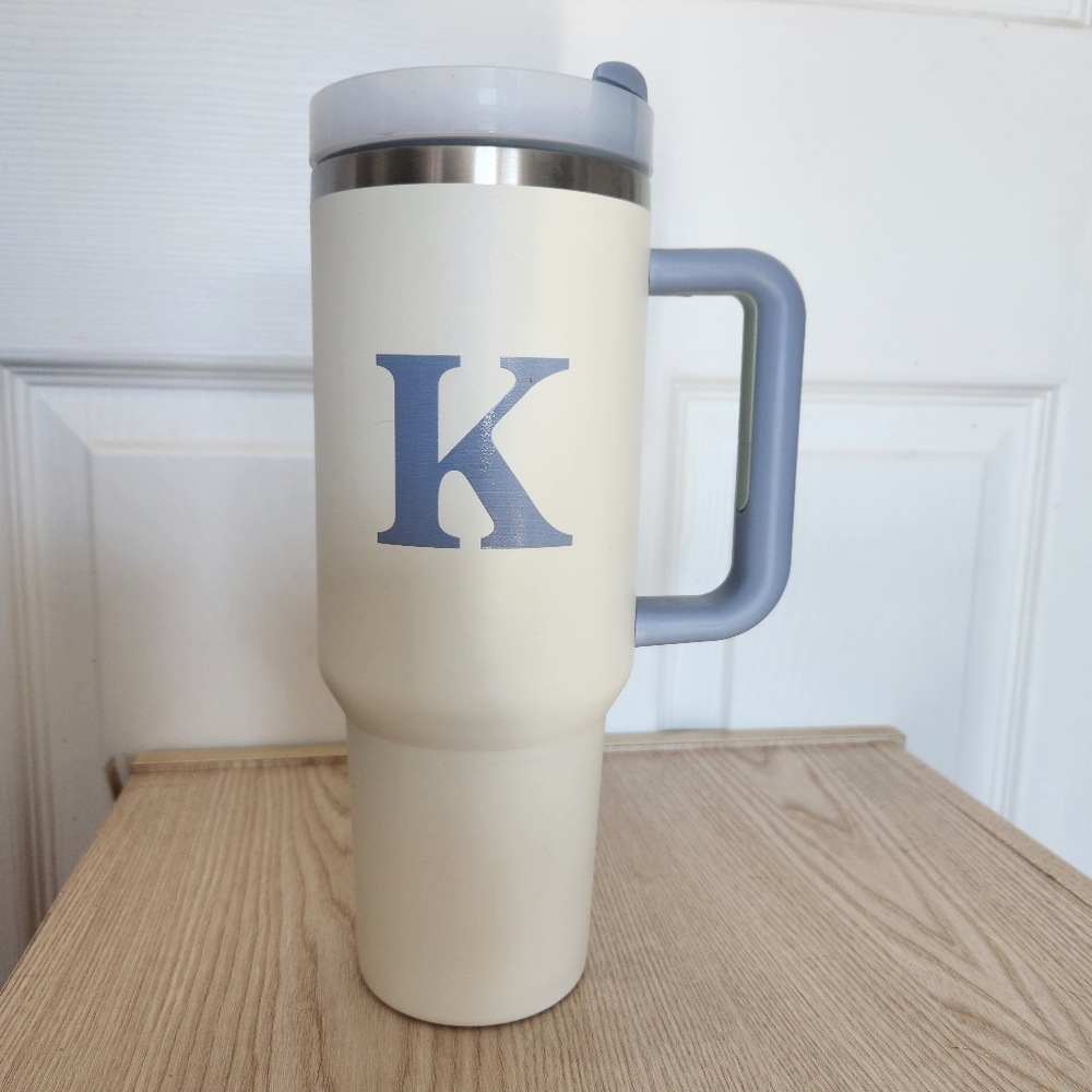The Darling Effect White w/K Initial BPA Free Insulated Handled Travel Mug